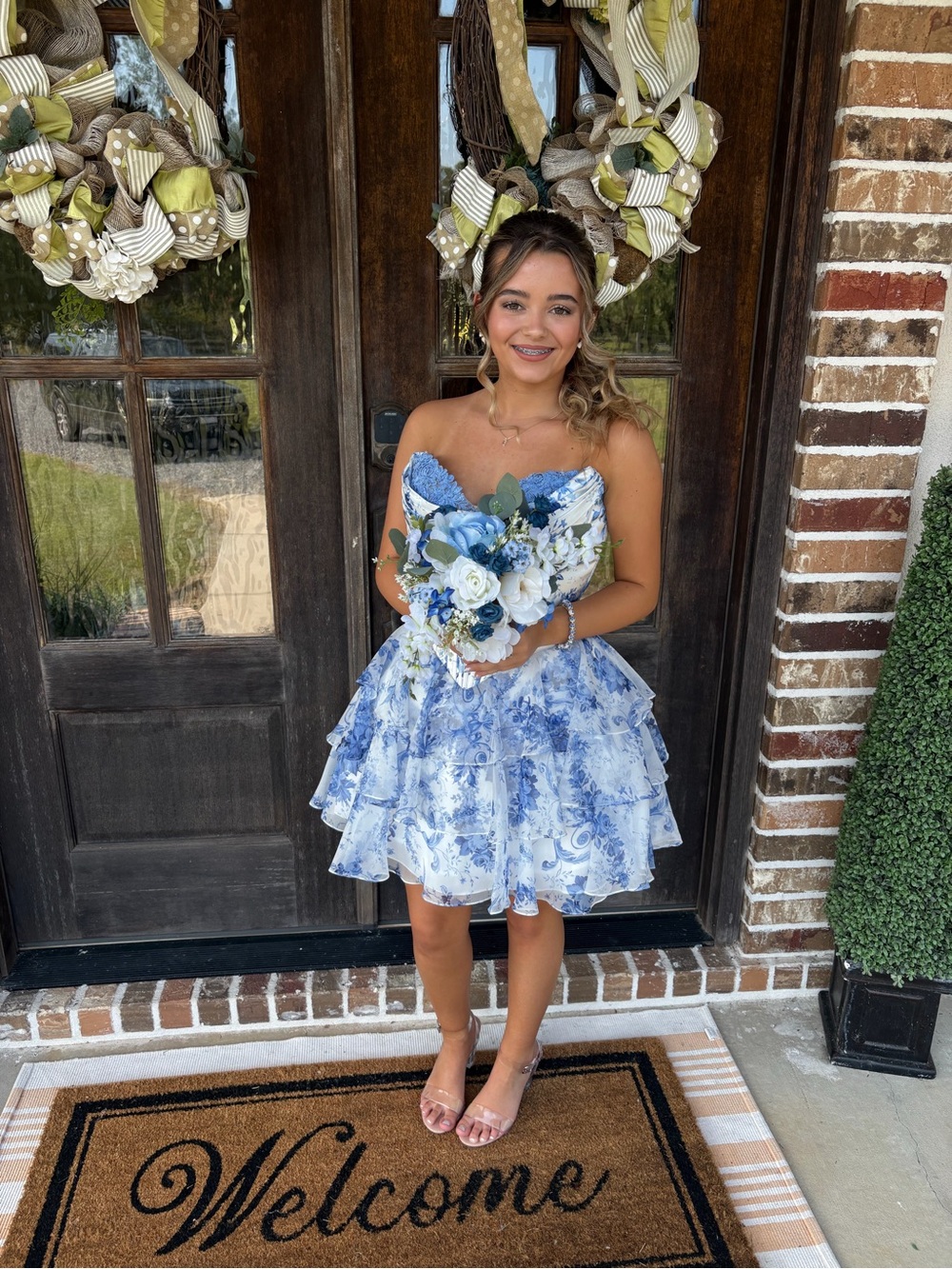 Sherri Hill Strapless Blue and White Floral Short Party Dress size 10 altered